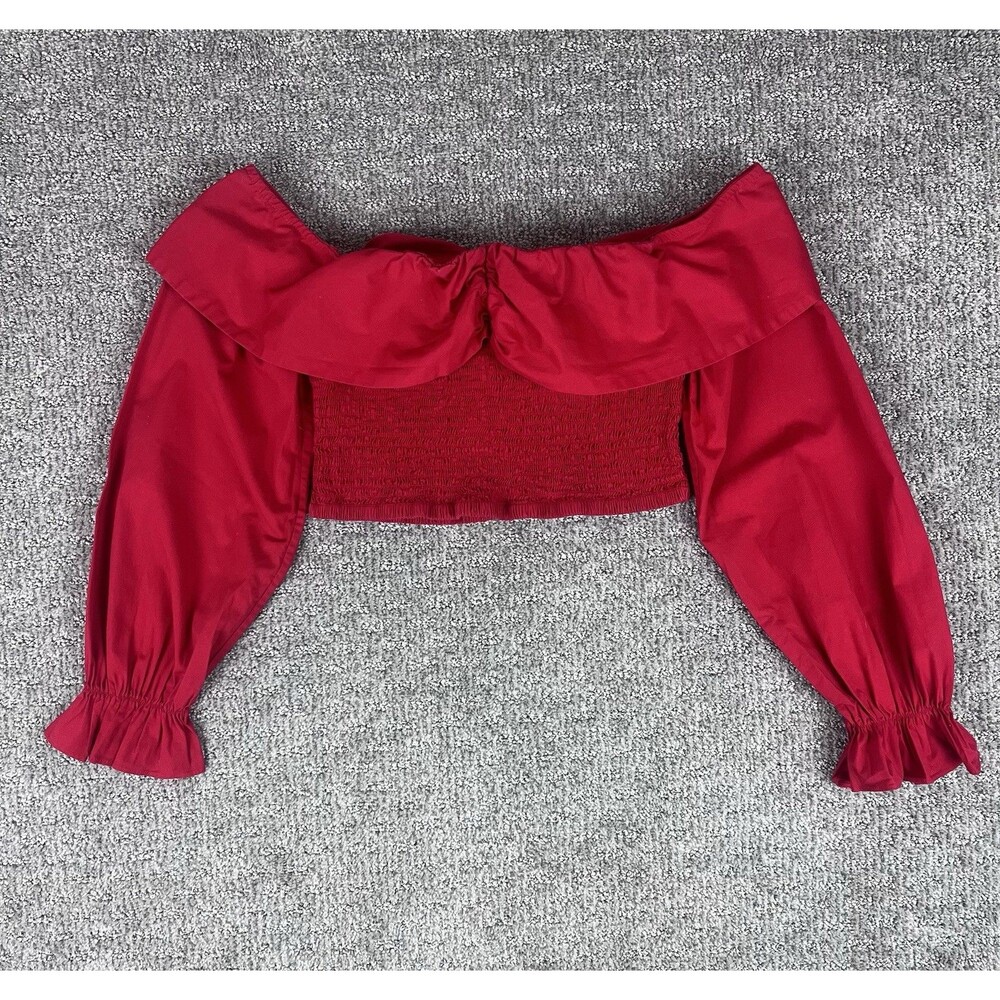 Tularosa Top Womens Large Cropped Smocked Off Shoulder Peasant Red